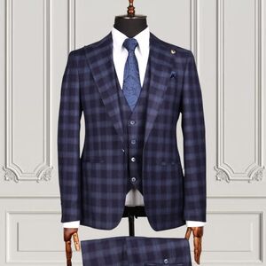 Men's Navy Checkered Suit 3 Piece Set